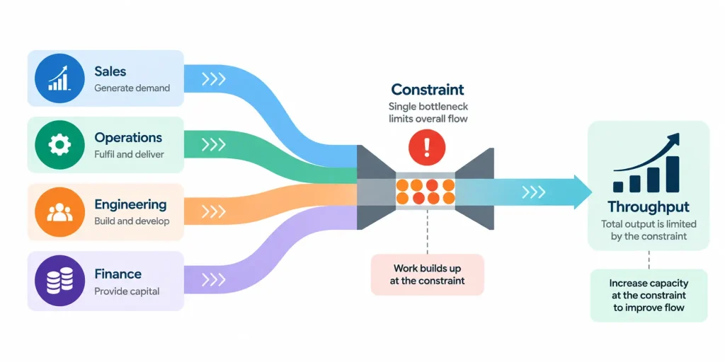 Business throughput bottleneck diagram showing how sales, operations, engineering, and finance feed into a single constraint that limits output and where increasing capacity improves flow.