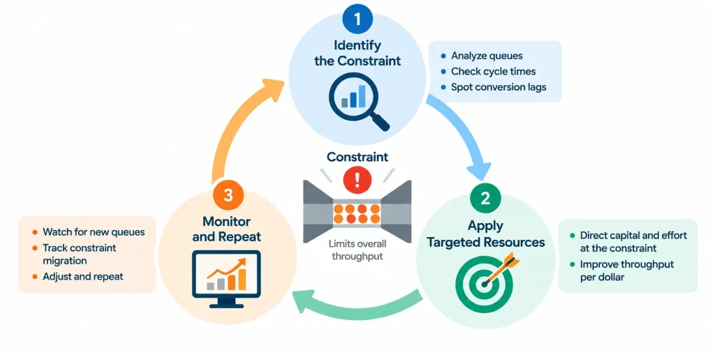 CFO constraint leverage cycle infographic showing how to identify bottlenecks, allocate capital and effort strategically, and monitor constraint migration to improve business throughput.