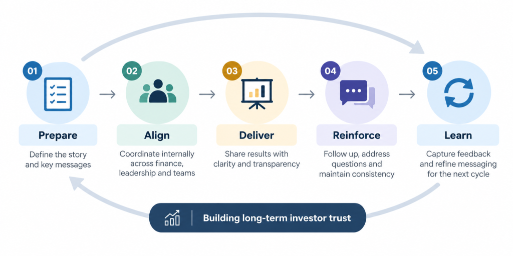 Four-step CFO framework for communicating earnings misses by naming the shortfall, explaining its cause, clarifying implications, and outlining corrective action.
