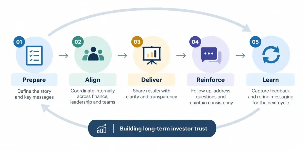 Five-stage earnings communication cycle showing preparation, internal alignment, delivery, reinforcement, and learning to build long-term investor trust.