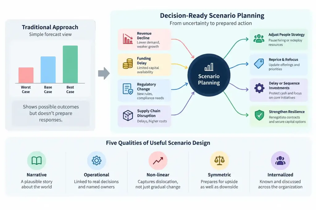 “Scenario planning framework showing how CFOs turn business uncertainty into prepared strategic decisions”