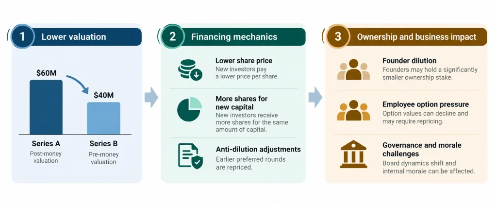 Down round financing infographic showing lower company valuation, share dilution, anti-dilution adjustments, and the resulting impact on founders, employees, governance, and morale.