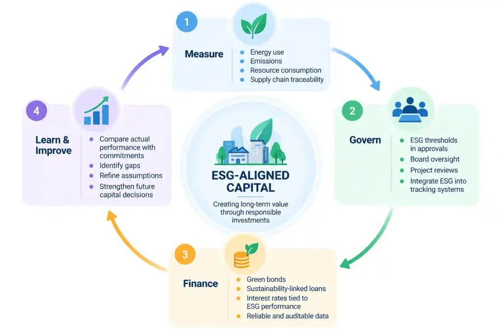 ESG capital allocation cycle showing measurement, board governance, sustainable financing, and continuous improvement
