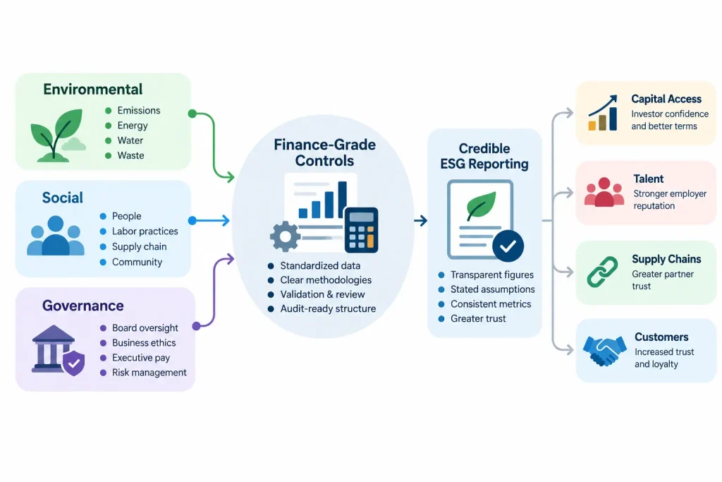 ESG accounting framework showing how CFOs connect environmental, social, and governance data with financial controls and credible corporate reporting.