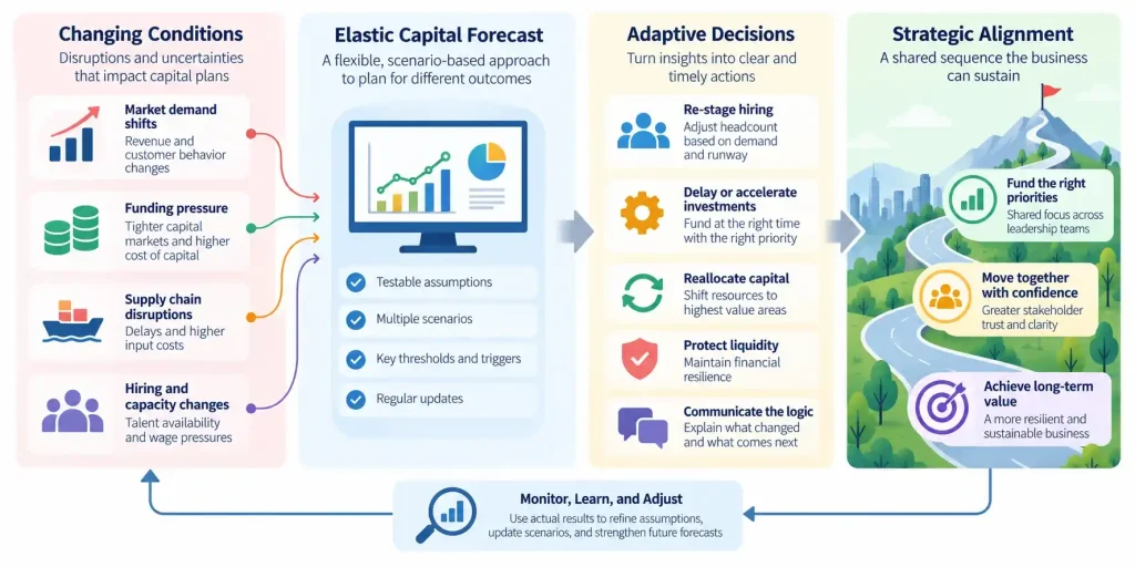 “Elastic capital forecasting framework showing how scenarios and thresholds guide investment decisions and strategic alignment”