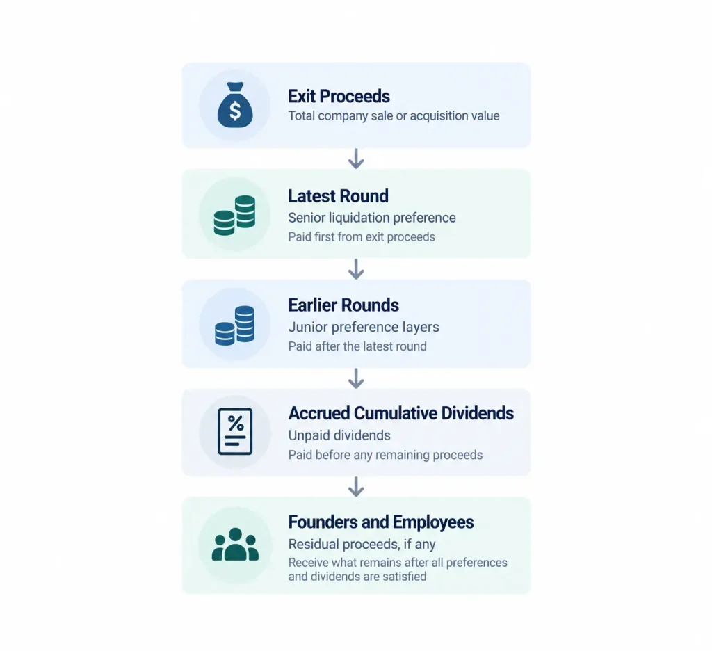 Vertical liquidation preference waterfall showing exit proceeds flowing through senior preferences for the latest funding round, junior preferences for earlier rounds, cumulative dividends, and residual proceeds for founders and employees.