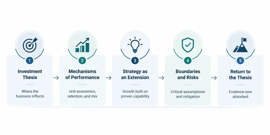 Management presentation strategy diagram showing five stages: investment thesis, performance mechanisms, strategy based on proven capabilities, risk mitigation, and a return to the investment thesis.