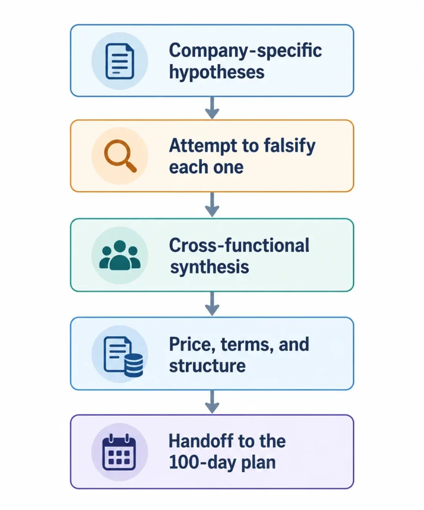 Five-stage due diligence process from company-specific hypotheses to the post-acquisition 100-day plan