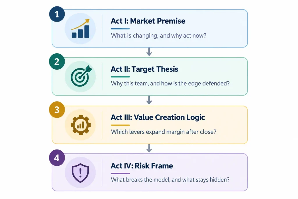 Four acts of a strong investment memo: market premise, target thesis, value creation logic, and risk frame.