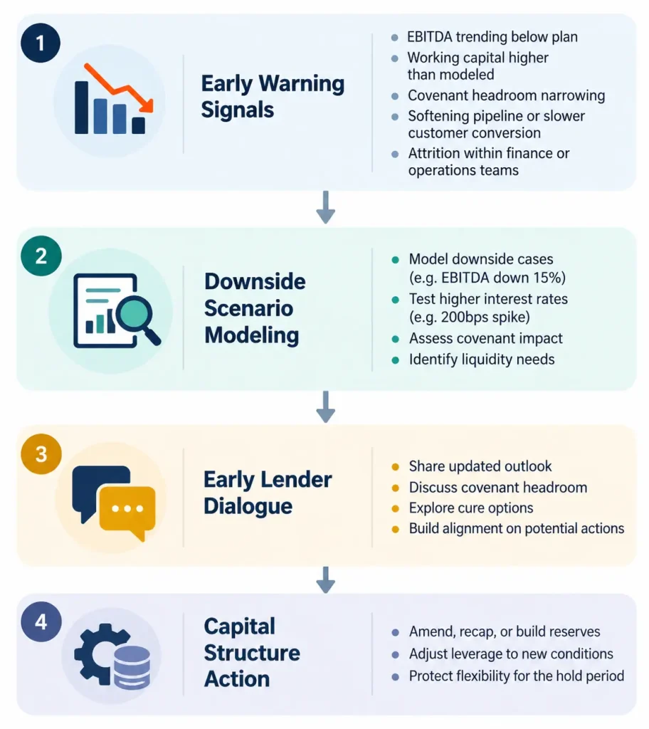 Private equity leverage risk management flowchart showing early warning signals, downside scenario modeling, early lender dialogue, and capital structure action.