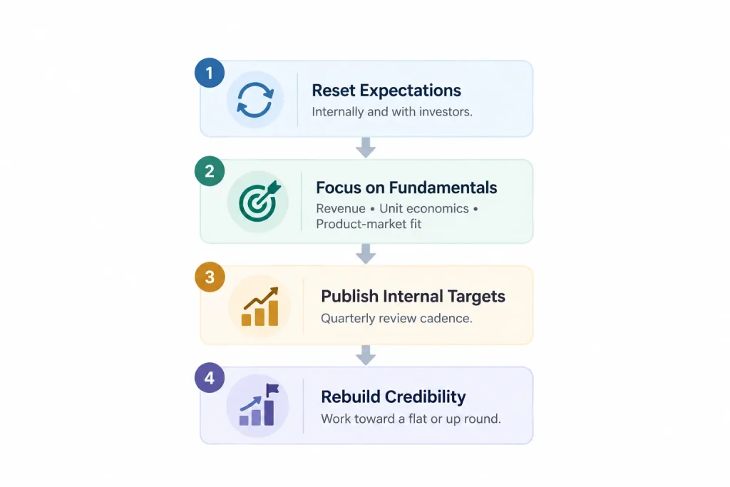 Four-step down round recovery process showing expectation resets, focus on business fundamentals, quarterly targets, and rebuilding investor credibility.