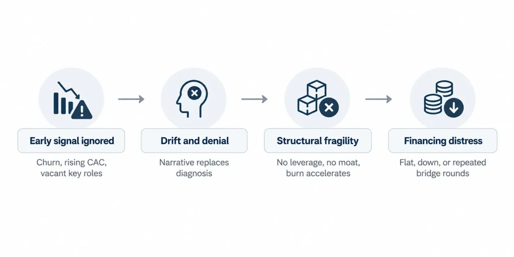 Four-stage startup failure progression from ignored warning signs to financing distress.