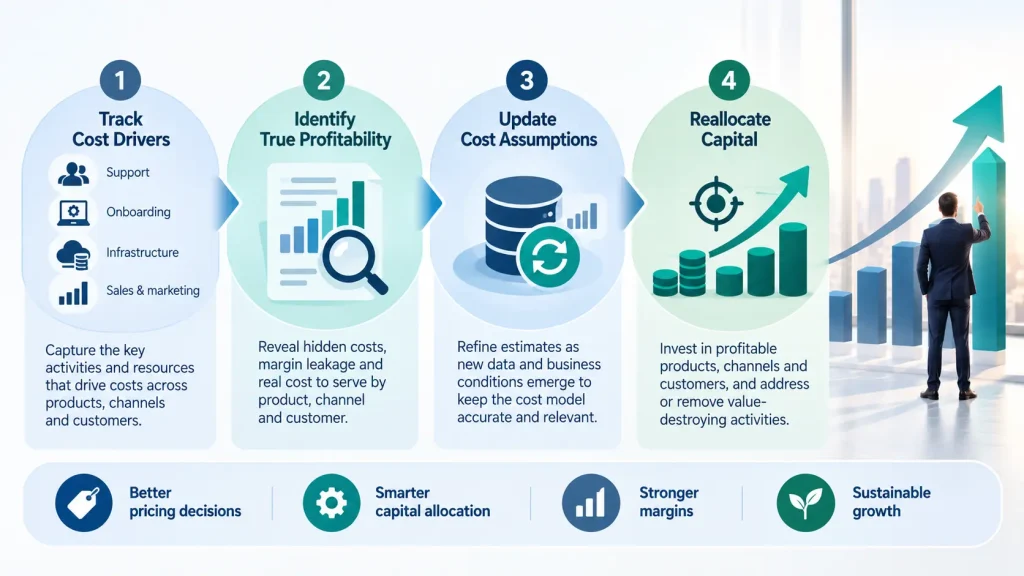 Causal cost accounting process for profitability analysis and strategic capital allocation