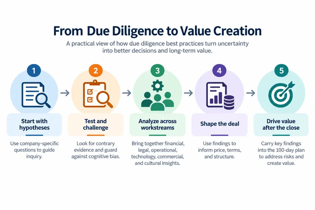 From due diligence to value creation: five stages covering hypothesis testing, bias prevention, cross-functional analysis, deal structuring, and post-acquisition planning