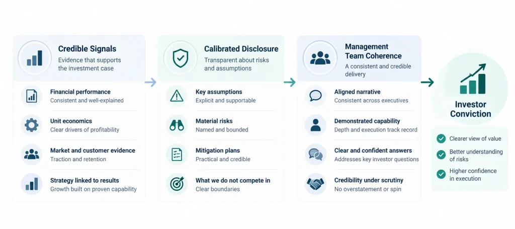 Investor confidence framework illustrating how credible financial signals, transparent risk disclosure, and management team coherence build conviction in a competitive fundraising or sale process.