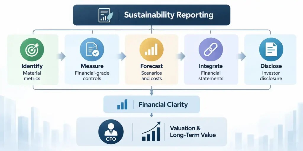 “Sustainability reporting cycle showing how ESG data supports financial clarity, valuation, and long-term value”