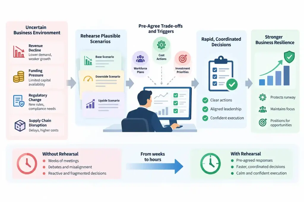 “Scenario rehearsal framework showing how CFOs turn uncertainty into faster coordinated business decisions”