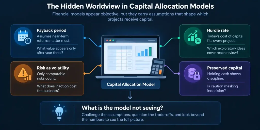 Hidden assumptions in capital allocation models showing payback, risk, hurdle rates, and preserved capital