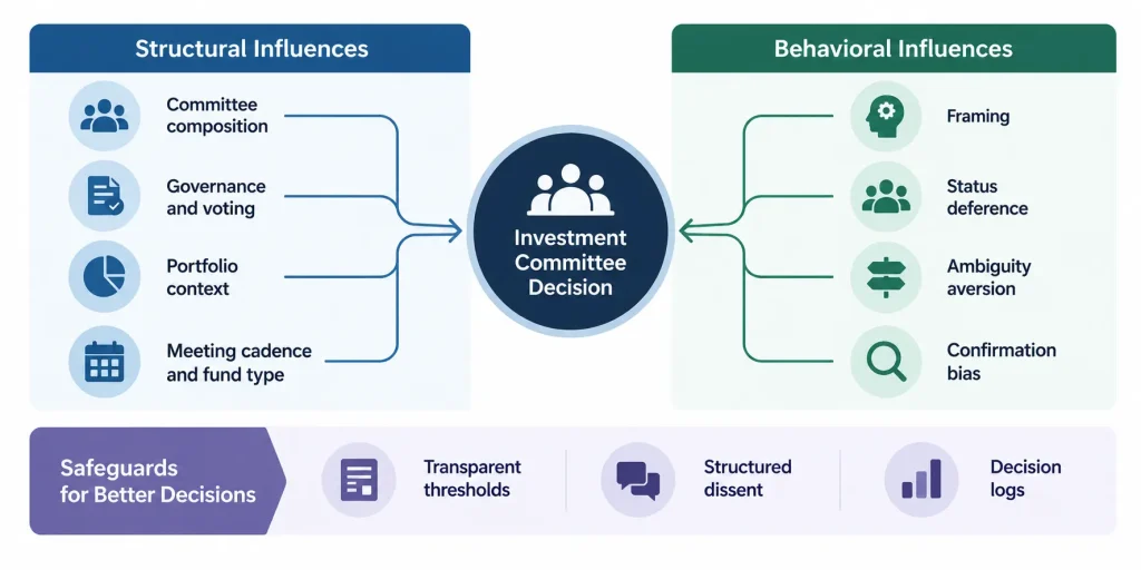Investment committee decision-making framework showing structural influences, behavioral biases, and safeguards including transparent thresholds, structured dissent, and decision logs.