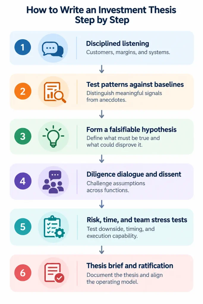 Six-step investment thesis development process covering disciplined listening, baseline testing, hypothesis formation, diligence and dissent, risk stress testing, and thesis ratification