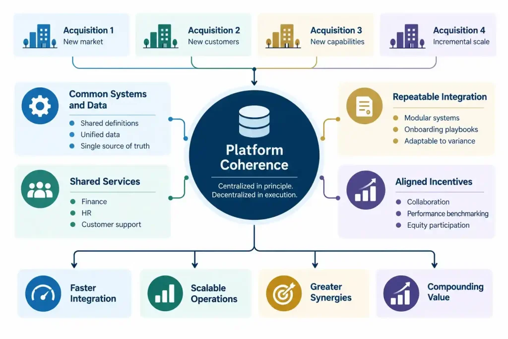 Industry roll-up platform architecture connecting acquired businesses through shared systems, unified data, modular services, repeatable integration and aligned incentives.