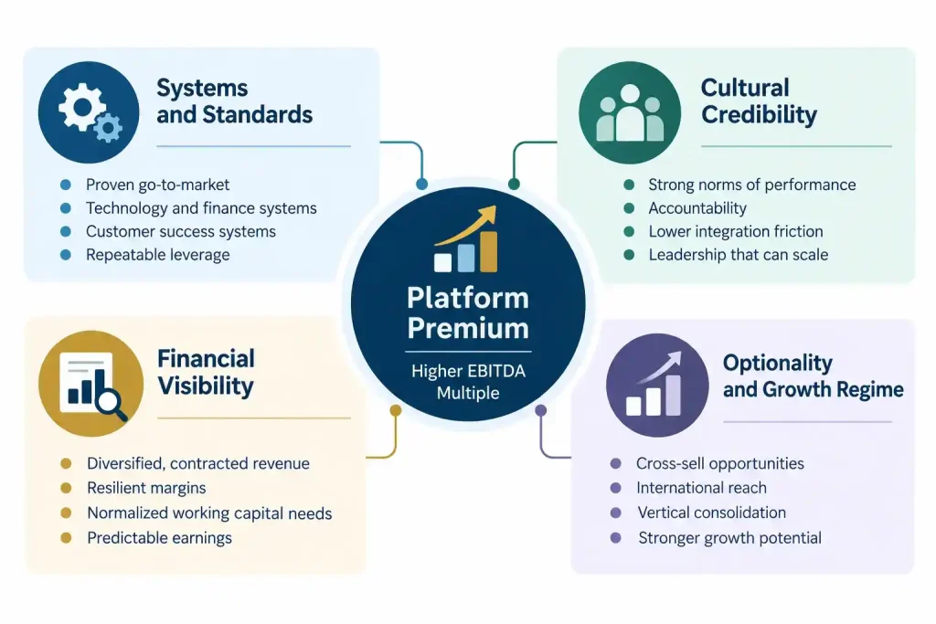 Four qualities that justify a platform acquisition premium: systems and standards, cultural credibility, financial visibility, and growth optionality.