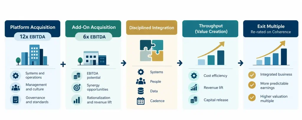 Platform and add-on EBITDA multiples showing how disciplined integration converts the valuation spread into throughput and exit multiple expansion.