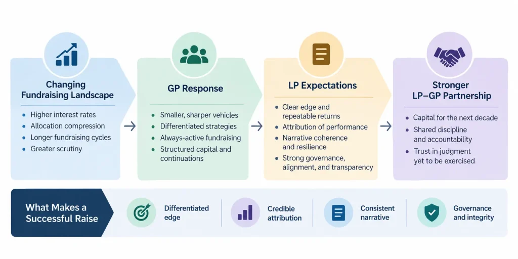 Private equity fundraising overview showing market challenges, general partner responses, limited partner expectations, and the foundations of a successful fundraising partnership.