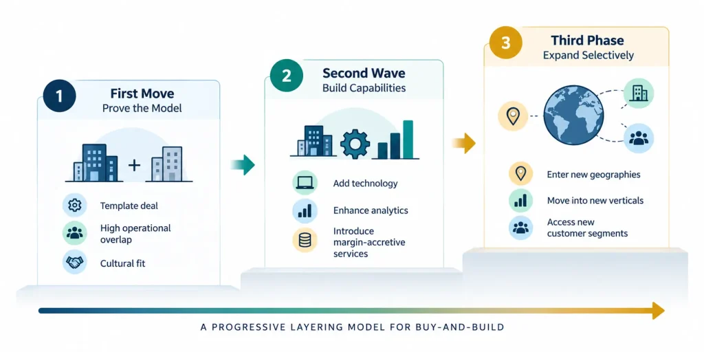 Progressive acquisition layering model showing how buy-and-build strategies move from a template acquisition to capability add-ons and then geographic and market expansion.