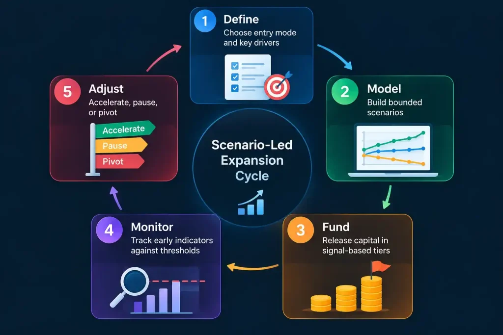 Scenario-led expansion cycle showing define, model, fund, monitor, and adjust