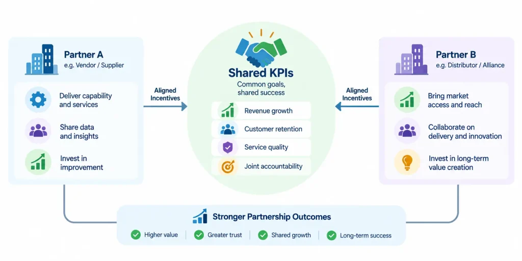 Strategic partnership KPI framework showing how shared performance metrics align business partner incentives, customer satisfaction, revenue growth, and collaboration.