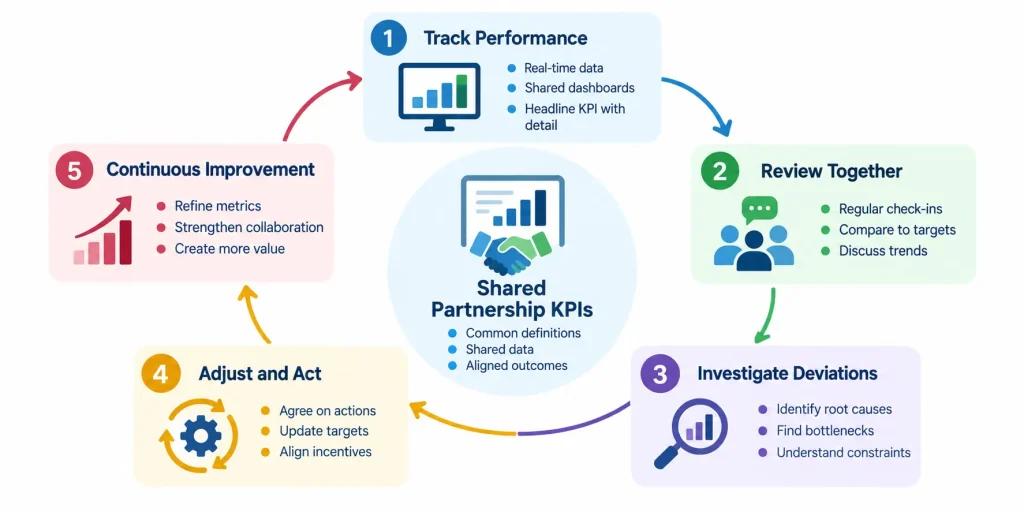 Strategic partnership KPI feedback loop showing shared performance tracking, joint reviews, root cause analysis, corrective action, and continuous metric improvement.