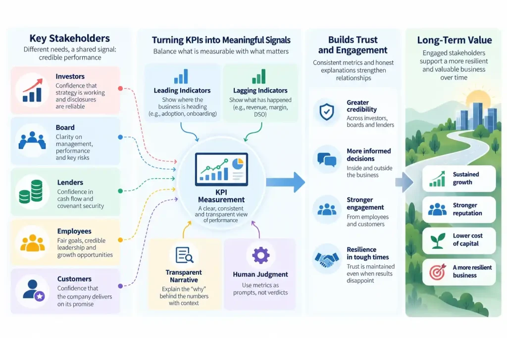 “Stakeholder engagement framework showing how KPI signals, transparency, and trust build long-term confidence”