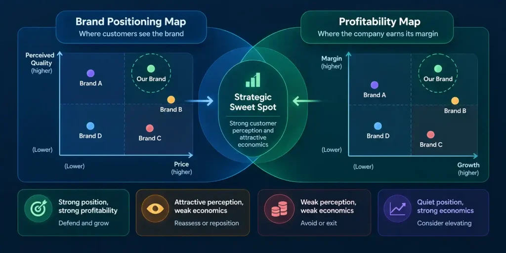 Brand positioning map compared with profitability map showing customer perception and economic value