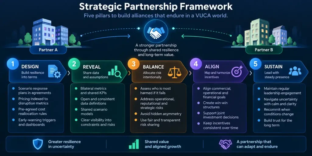 Strategic partnership framework showing design, shared data, risk balance, incentive alignment, and sustained CFO leadership