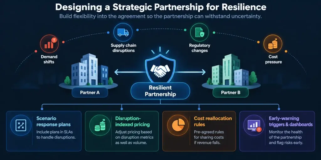 Strategic partnership resilience framework with scenario planning, flexible pricing, cost sharing, and early-warning triggers