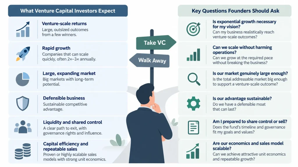 Founder weighing venture capital against independence, balancing growth opportunities and funding with ownership, autonomy, company culture, values, and long-term business goals.