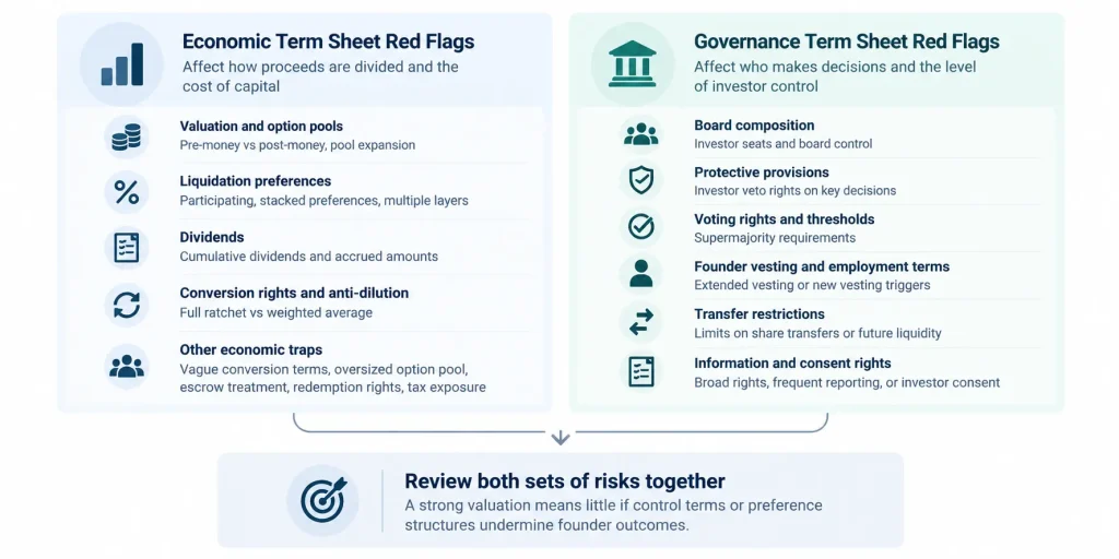 Term sheet risk framework comparing economic red flags affecting investor returns and founder dilution with governance red flags affecting board control, voting rights, and decision-making authority.