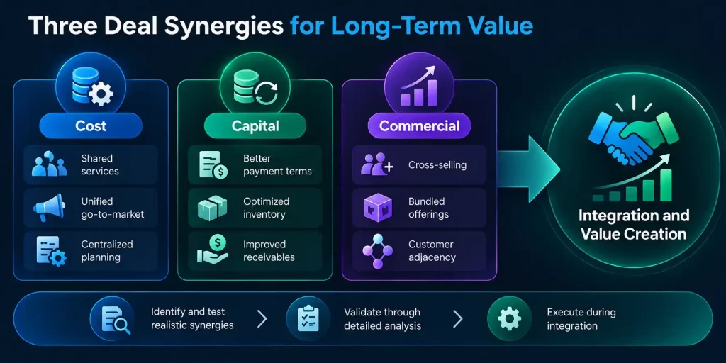Three deal synergy types for financial due diligence: cost, capital, and commercial