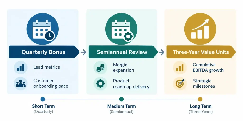 Management incentive plan payout cadence linking quarterly bonuses, semiannual performance reviews and three-year value units to appropriate performance metrics.