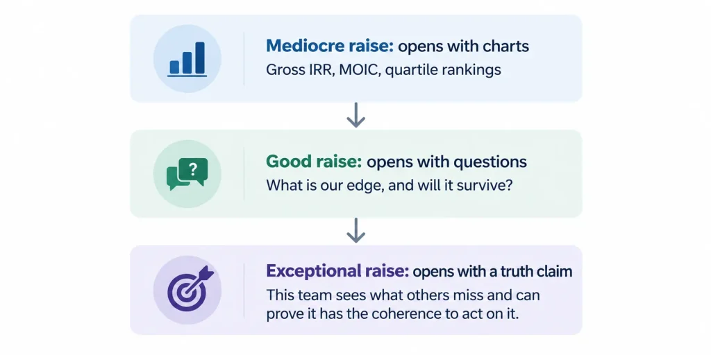 Private equity fundraising narrative progression from performance charts to strategic questions and a credible investment philosophy.