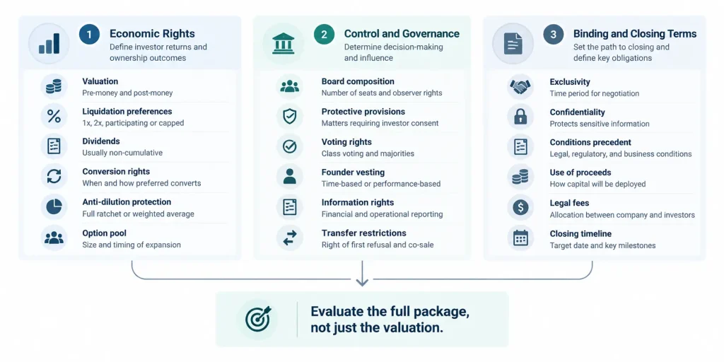 Venture capital term sheet framework summarizing economic rights, control and governance provisions, and binding closing terms founders should evaluate together.