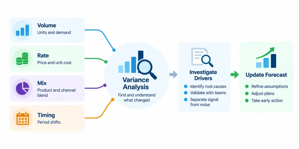 Financial variance analysis framework showing how volume, rate, mix, and timing differences help CFOs detect business risks and update forecasts.