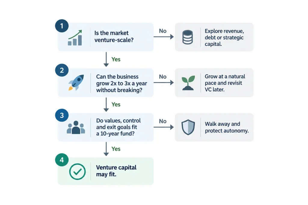 Venture capital funding decision flowchart helping founders assess market scale, growth capacity, investor alignment and alternative funding options.