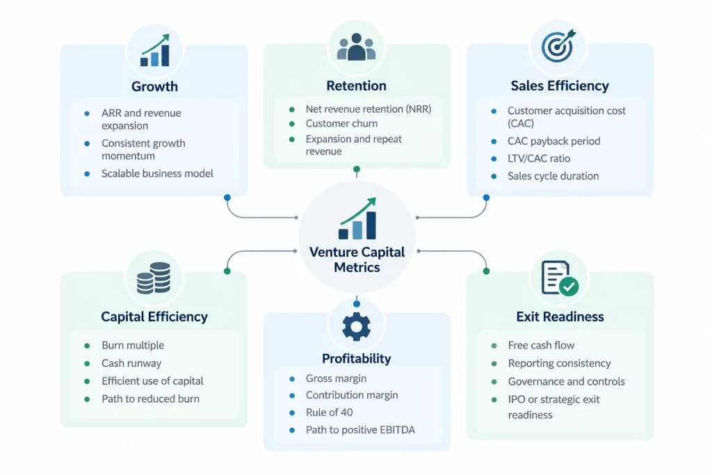 Venture capital metrics maturity framework covering revenue growth, customer retention, sales efficiency, burn multiple, cash runway, profitability, free cash flow and exit readiness.