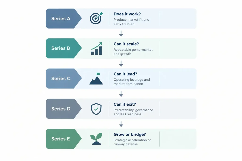 Venture capital metrics progression from Series A to Series E, showing the shift from product-market fit and early traction to scalable growth, operating leverage, IPO readiness, and strategic growth or bridge financing.