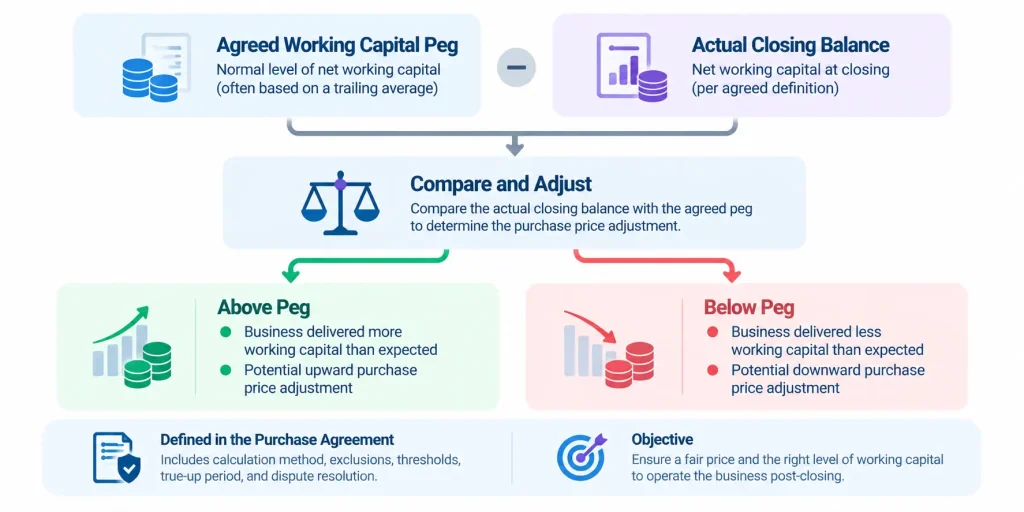 Working capital adjustment in M&A showing the agreed working capital peg, actual closing balance, and potential purchase price adjustments Copy alt text