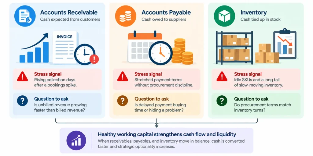 Working capital infographic showing accounts receivable, accounts payable, and inventory stress signals, diagnostic questions, and their impact on cash flow and liquidity.