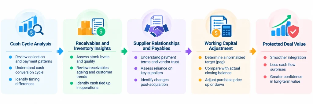 Working capital in M&A infographic showing cash cycle analysis, inventory and receivables, supplier relationships, working capital adjustment, and deal value protection Copy alt text